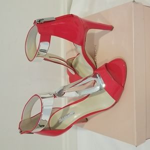 BCBGeneration Orange Patent Peep-Toe Heels